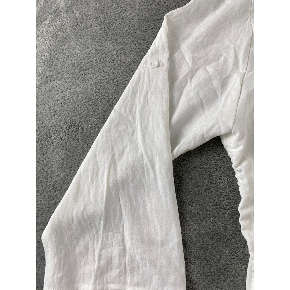 Fashion White Gauze Tunic Top Womens Small Ruched Side Tie Roll Tab Slv V-Neck - Picture 11 of 13